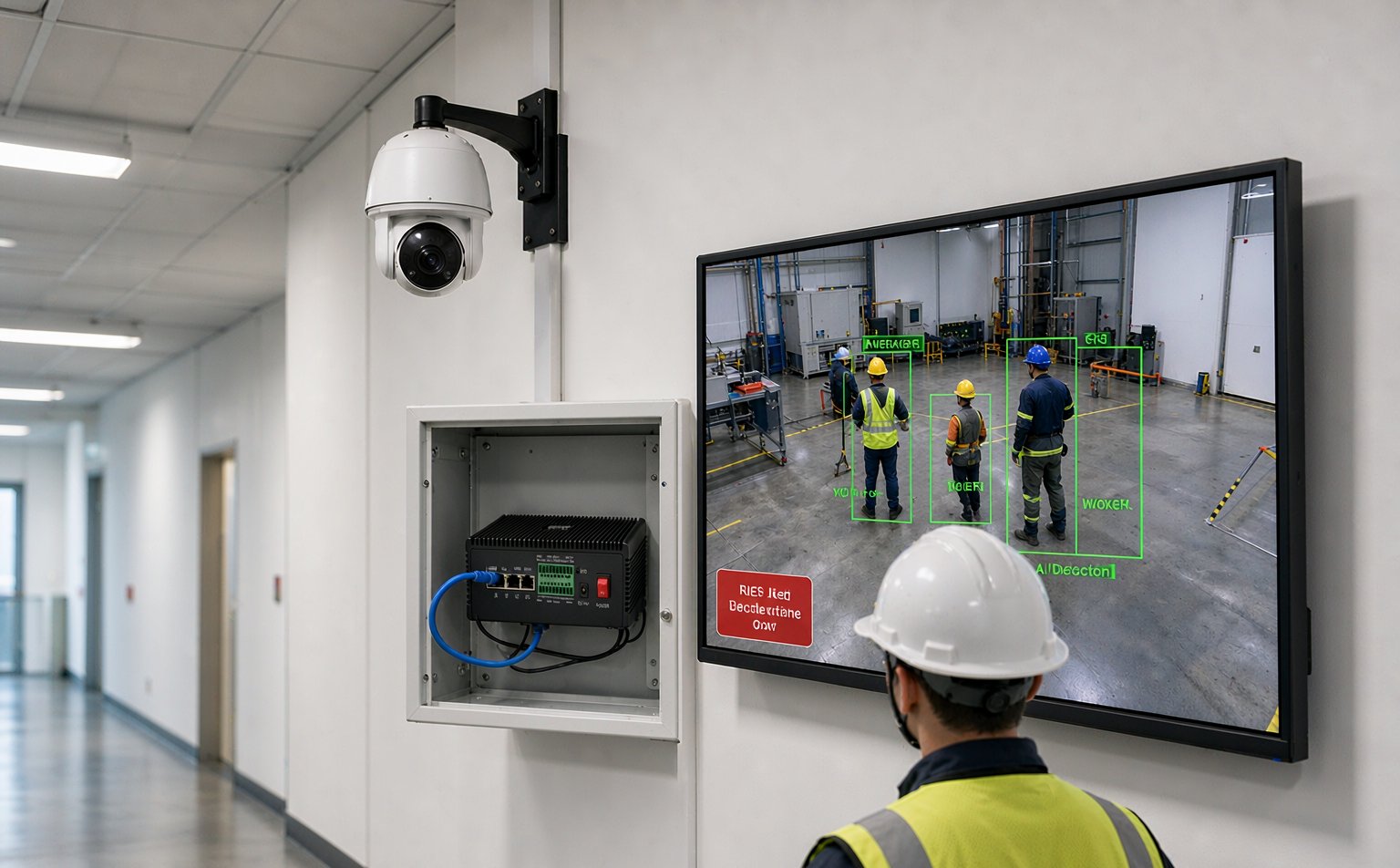 Cameras feed an XCAN AI Box, and the operator screen shows live detections and violation alerts
