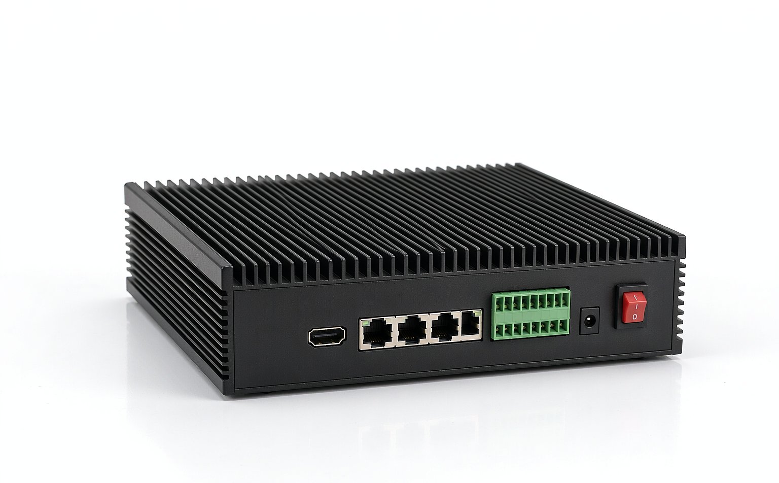 XCORE-Mini fanless edge AI box, front panel with RJ45 ports and terminal block